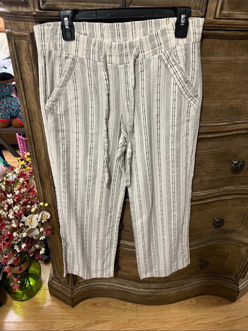Sienna Sky White & Gray Vertical Stripe Drawstring Chinos